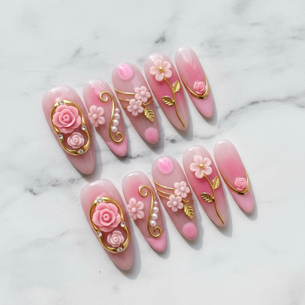 Full set 10 pink 3D rose gold almond press-on nails on marble background custom press-on nails floral rhinestone pearl — LuxepressCo