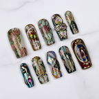 Art Nouveau stained glass teal chrome gold wire lotus butterfly custom press-on nails square full set on marble — LuxepressCo