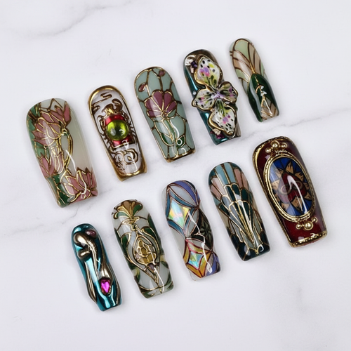 Art Nouveau stained glass teal chrome gold wire lotus butterfly custom press-on nails square full set on marble — LuxepressCo