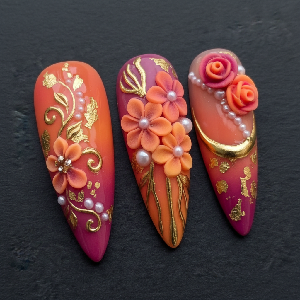 Macro close-up 3D cherry blossom rhinestone press-on nails dramatic lighting custom press-on nails — LuxepressCo