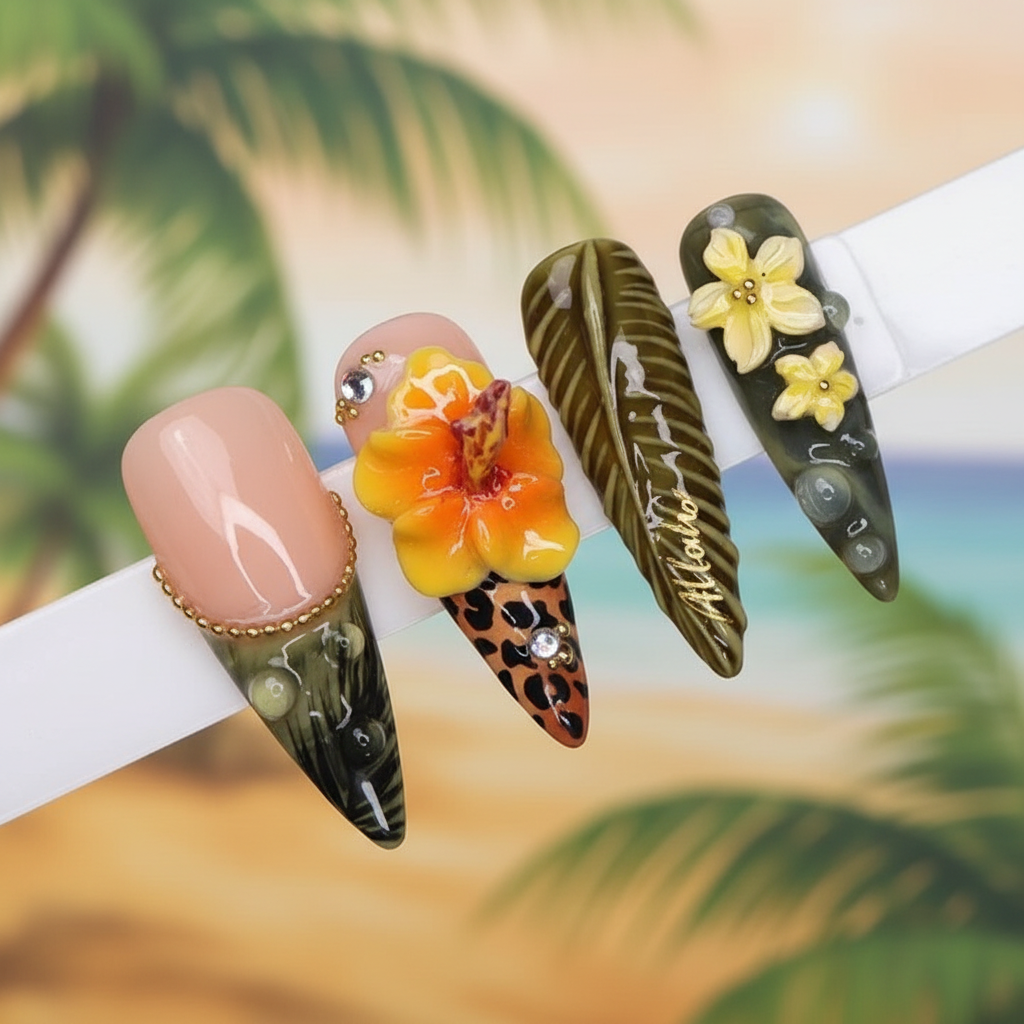 Macro close-up 3D yellow orange hibiscus flower palm leaf leopard print stiletto custom press-on nails detail — LuxepressCo