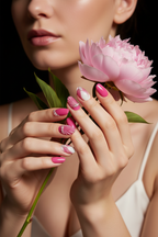 Pink shell 3D custom press-on nails lifestyle light skin holding peony flower — LuxepressCo