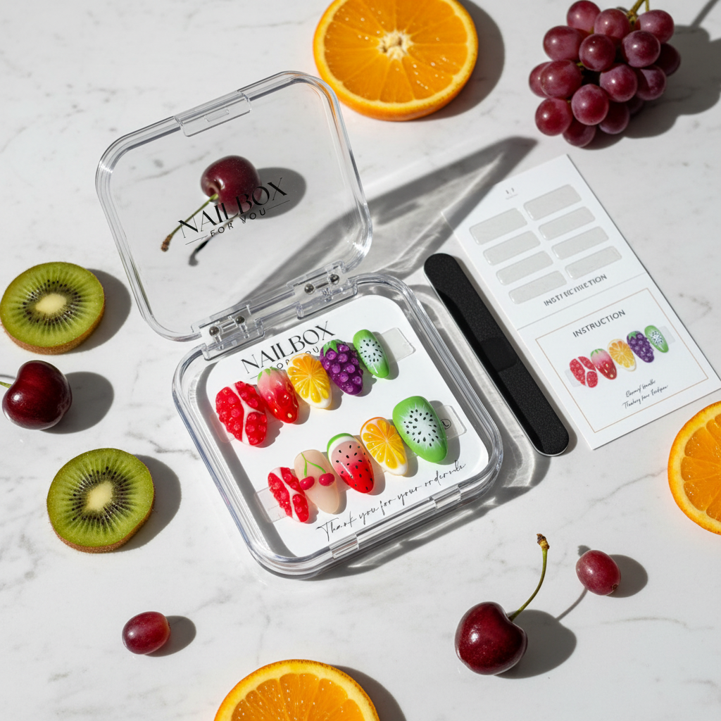 Luxury unboxing acrylic nail box tropical fruit press-on nails with kiwi orange cherry grape props — LuxepressCo