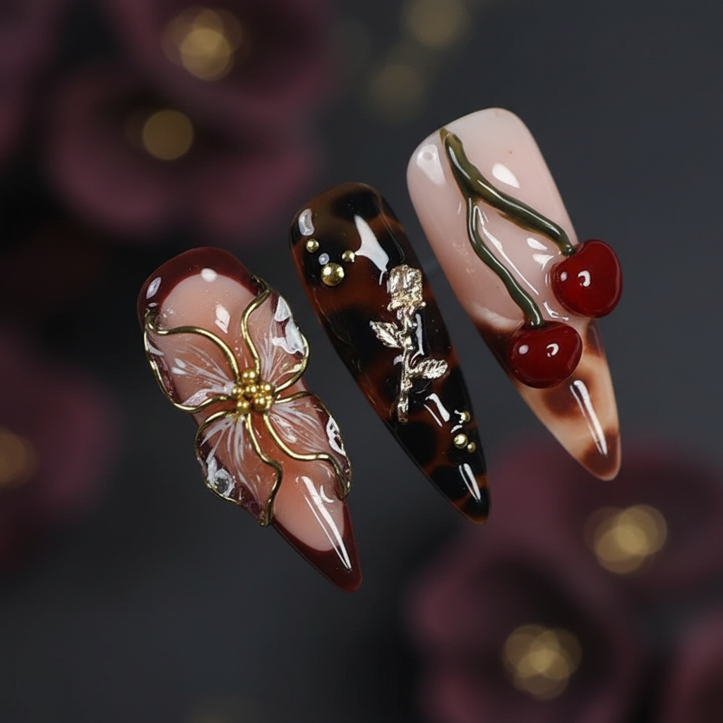 Macro close-up 3D gold enamel flower red resin cherry charm burgundy blossom tortoiseshell stiletto custom press-on nails detail — LuxepressCo