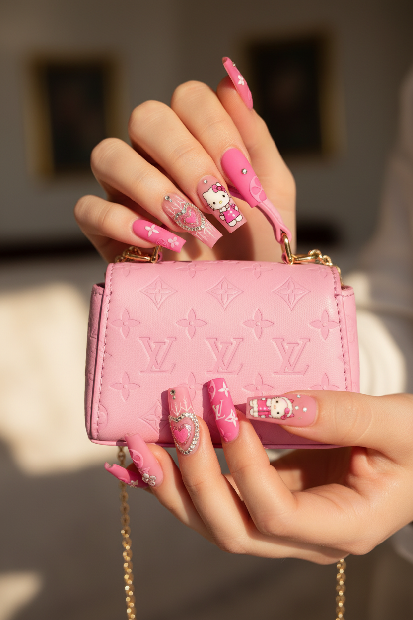 Fair-skin lifestyle kawaii kitty luxury monogram pink crystal heart custom press-on nails holding pink bag — LuxepressCo