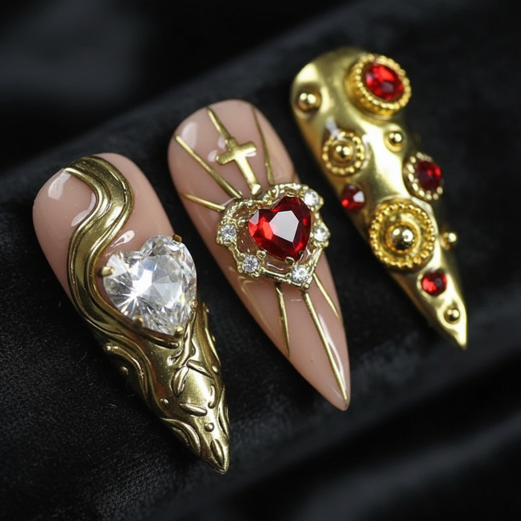 Macro close-up green chrome gold liquid metal crystal heart baroque gem custom press-on nails detail — LuxepressCo