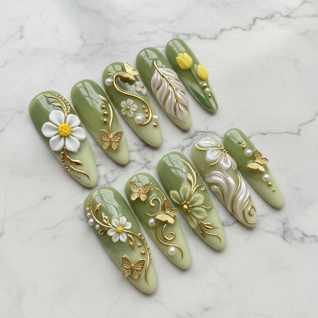 Sage green 3D floral butterfly full set custom press-on nails gold pearl — LuxepressCo