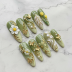 Sage green 3D floral butterfly full set custom press-on nails gold pearl — LuxepressCo