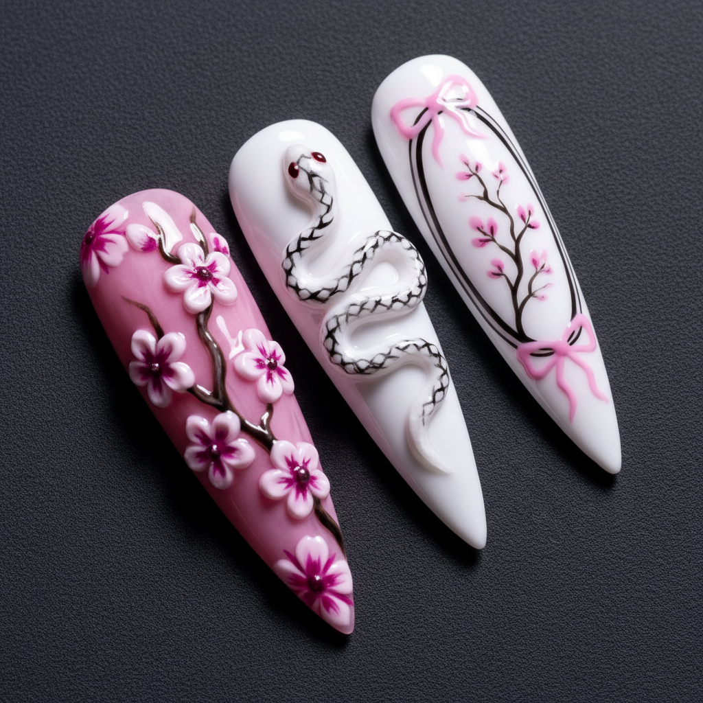 Macro close-up 3D silver snake embellishment cherry blossom custom press-on nails dark background — LuxepressCo