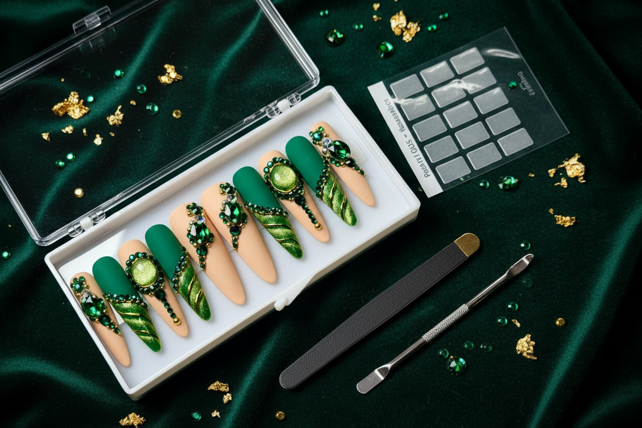 Luxury unboxing acrylic box emerald green rhinestone gem gold leaf stiletto press-on nails with accessories — LuxepressCo