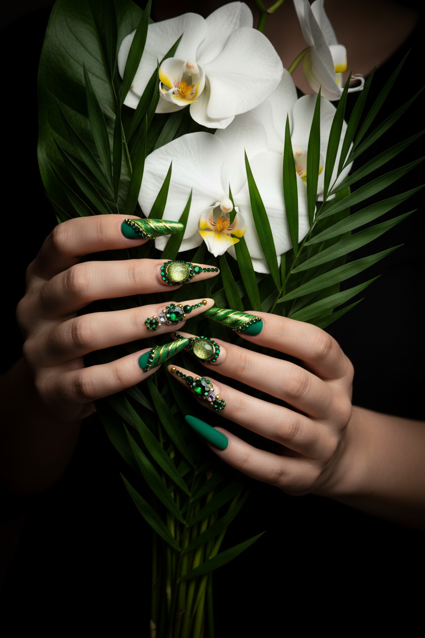 Fair-skin lifestyle emerald green rhinestone gem drape gold leaf custom press-on nails holding white orchids — LuxepressCo