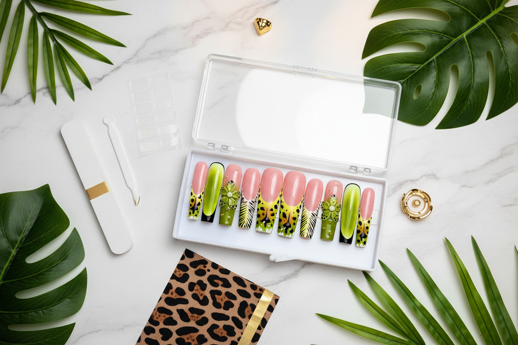 Luxury unboxing acrylic box wild jungle leopard zebra 3D flower press-on nails with accessories — LuxepressCo