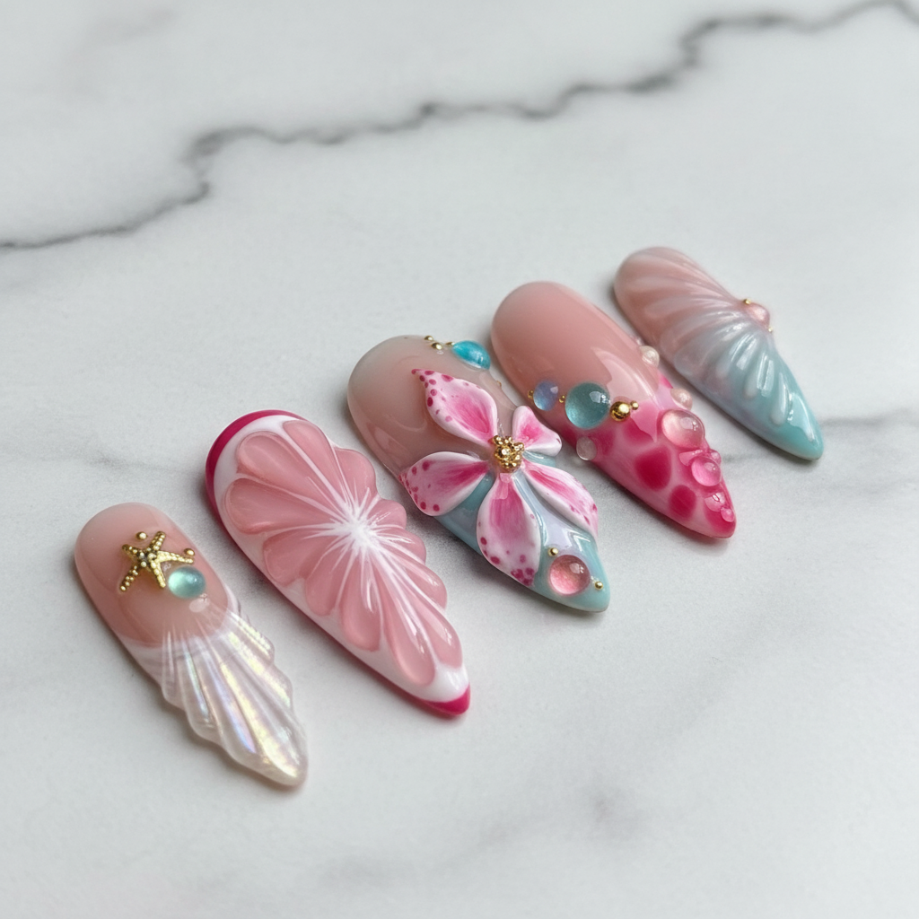 Macro close-up pearl shimmer iridescent shell texture custom press-on nails pink turquoise white marble — LuxepressCo