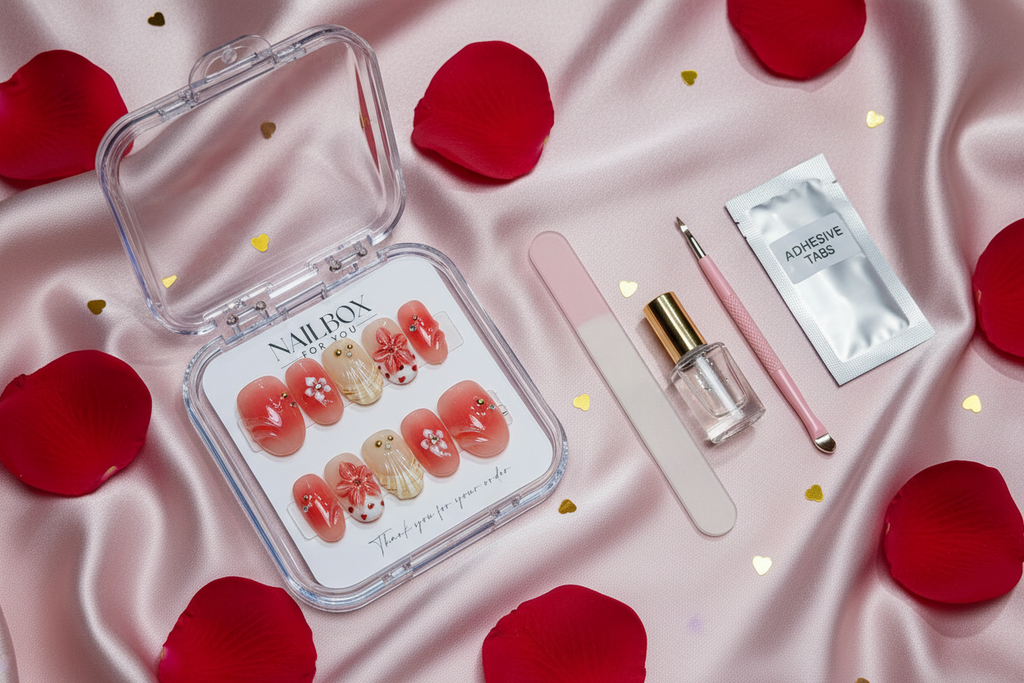 Luxury unboxing acrylic box red jelly floral heart press-on nails with accessories on blush satin — LuxepressCo