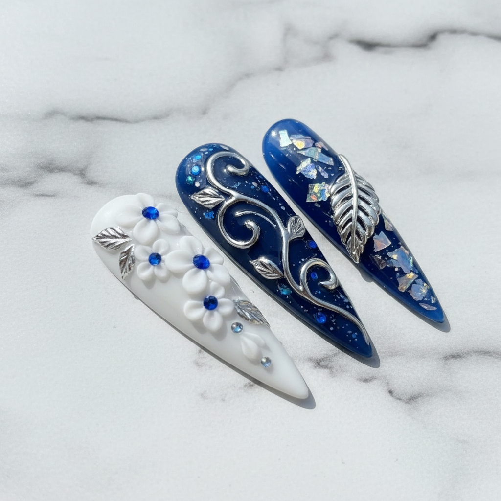 Macro 3D white flower sapphire rhinestone holographic foil silver leaf almond reusable nails marble — LuxepressCo