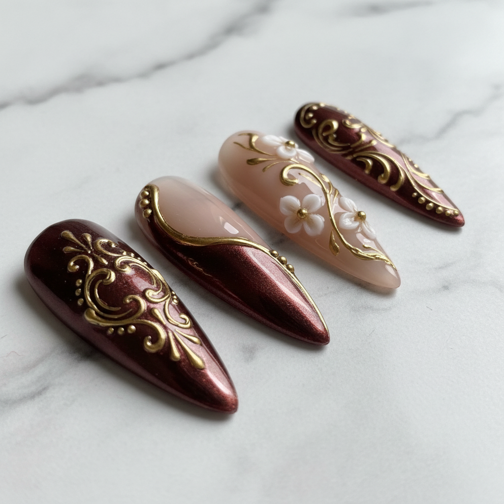 Close-up sheer nude gold vine floral reusable press-on nails salon-quality — LuxepressCo