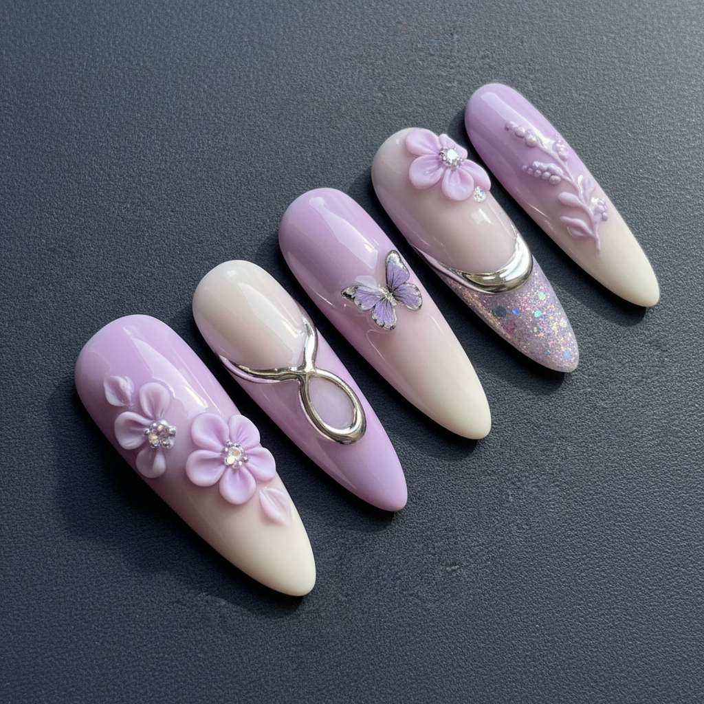 Macro close-up 3D sculpted purple flowers with rhinestone and silver infinity charm custom press-on nails — LuxepressCo