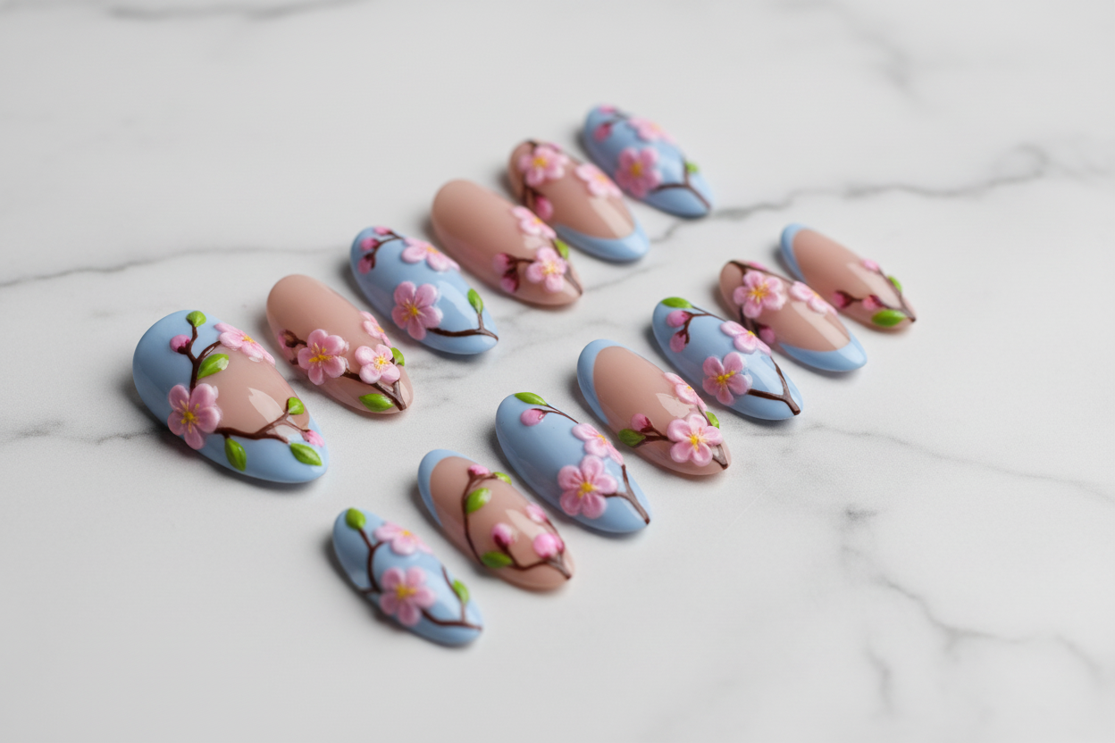 Full set 10 3D cherry blossom custom press-on nails sky blue nude marble — LuxepressCo
