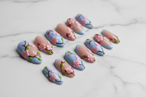 Full set 10 3D cherry blossom custom press-on nails sky blue nude marble — LuxepressCo