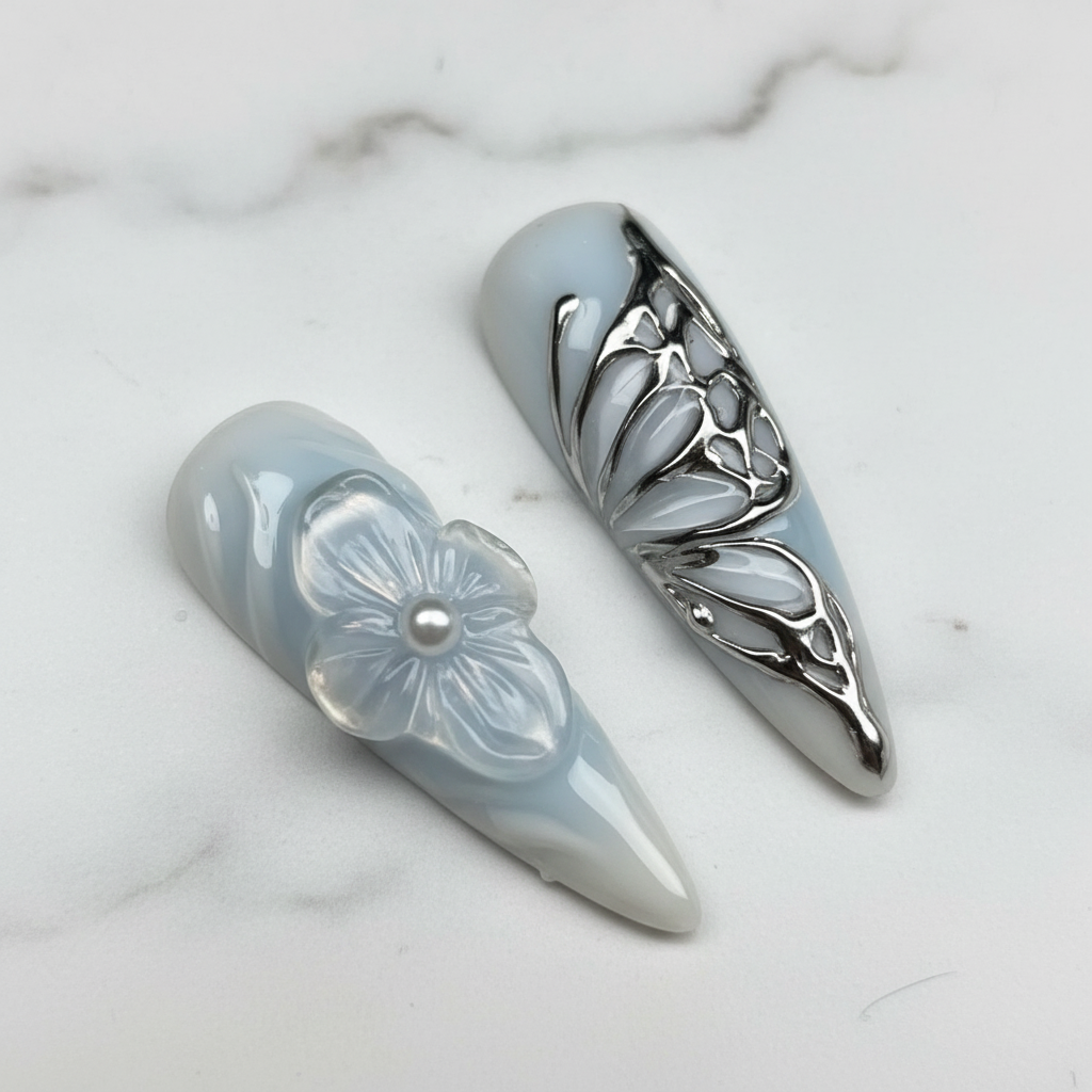 Close-up 3D floral embellishment chrome butterfly custom press-on nails opal blue marble — LuxepressCo