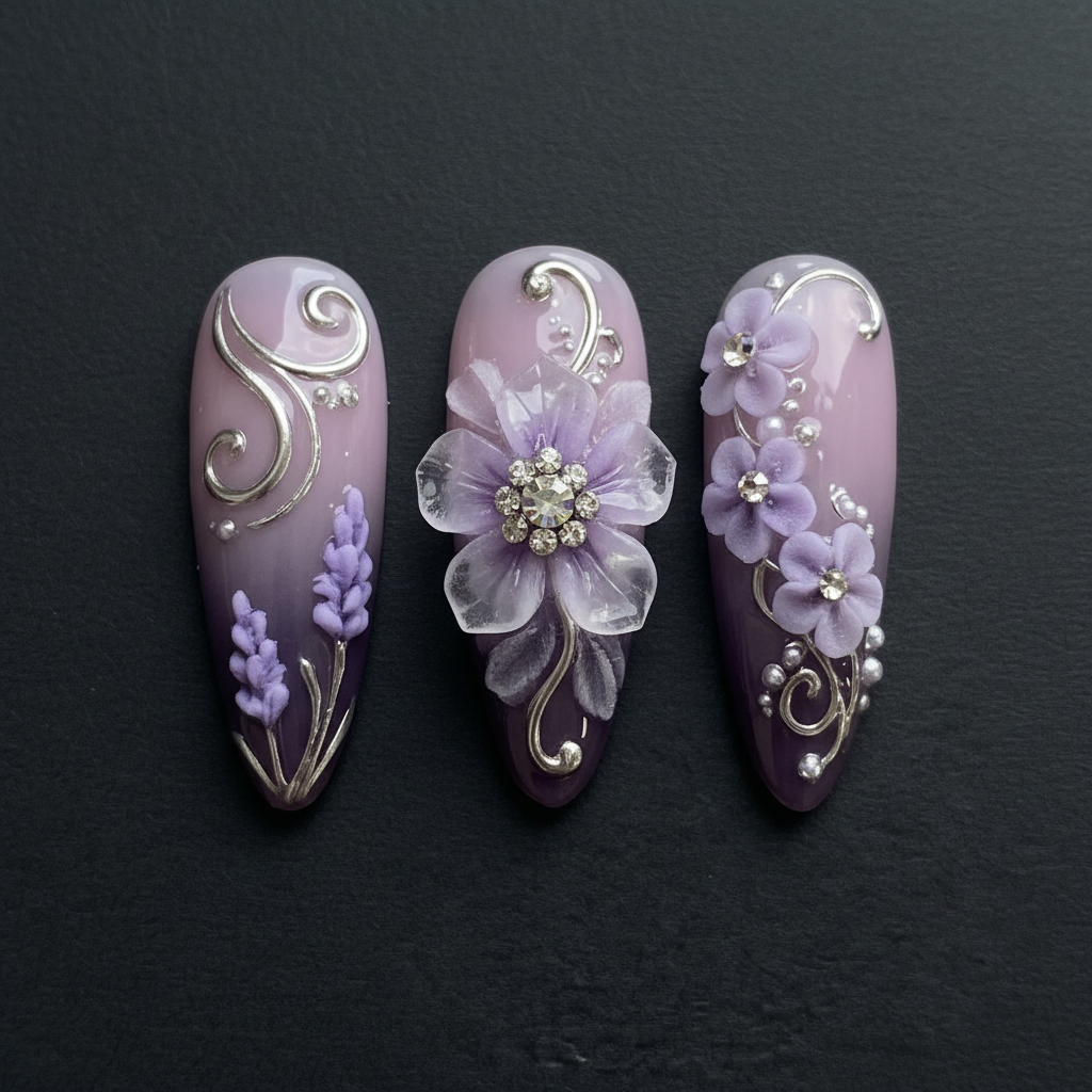 Macro close-up purple lavender 3D crystal flower rhinestone press-on nails dramatic lighting custom press-on nails — LuxepressCo