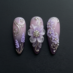 Macro close-up purple lavender 3D crystal flower rhinestone press-on nails dramatic lighting custom press-on nails — LuxepressCo
