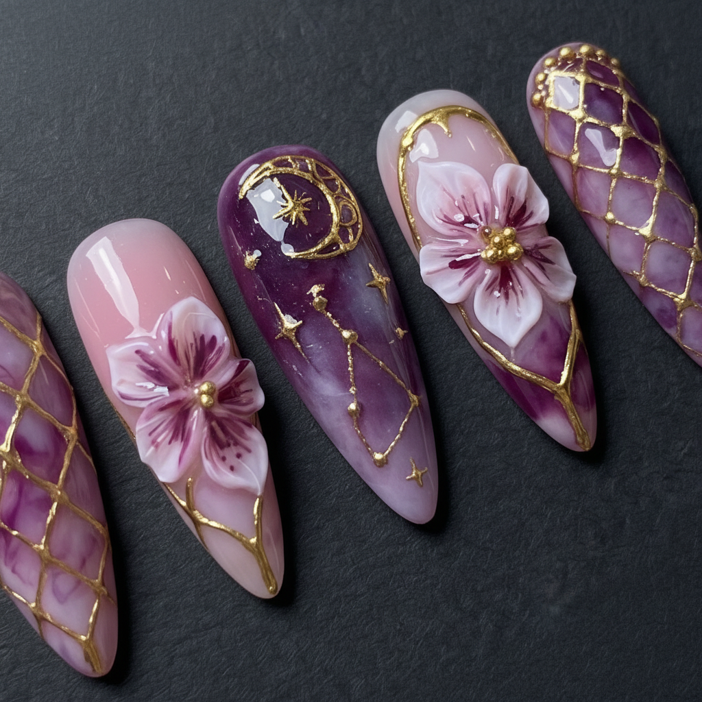 Close-up macro 3D cherry blossom gold moon custom press-on nails dramatic lighting — LuxepressCo