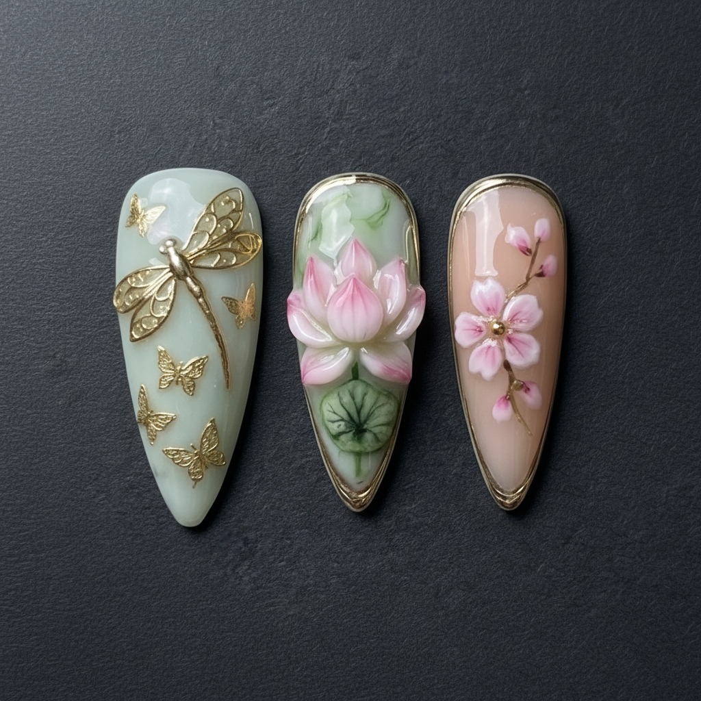 Macro close-up 3D lotus flower gold dragonfly cherry blossom custom press-on nails sage green — LuxepressCo