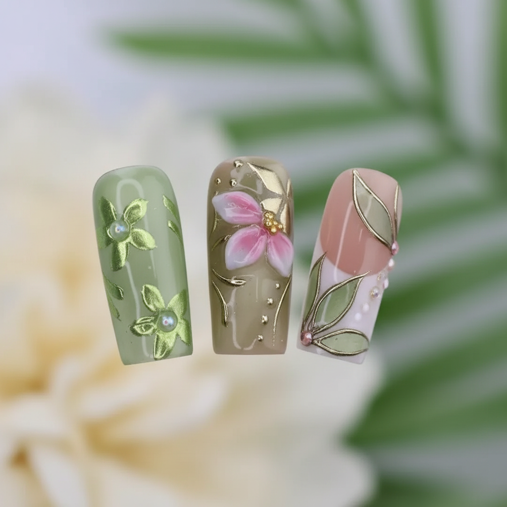 Macro close-up 3D pink chiffon flower gold enamel leaf vine botanical sage green nude custom press-on nails detail — LuxepressCo