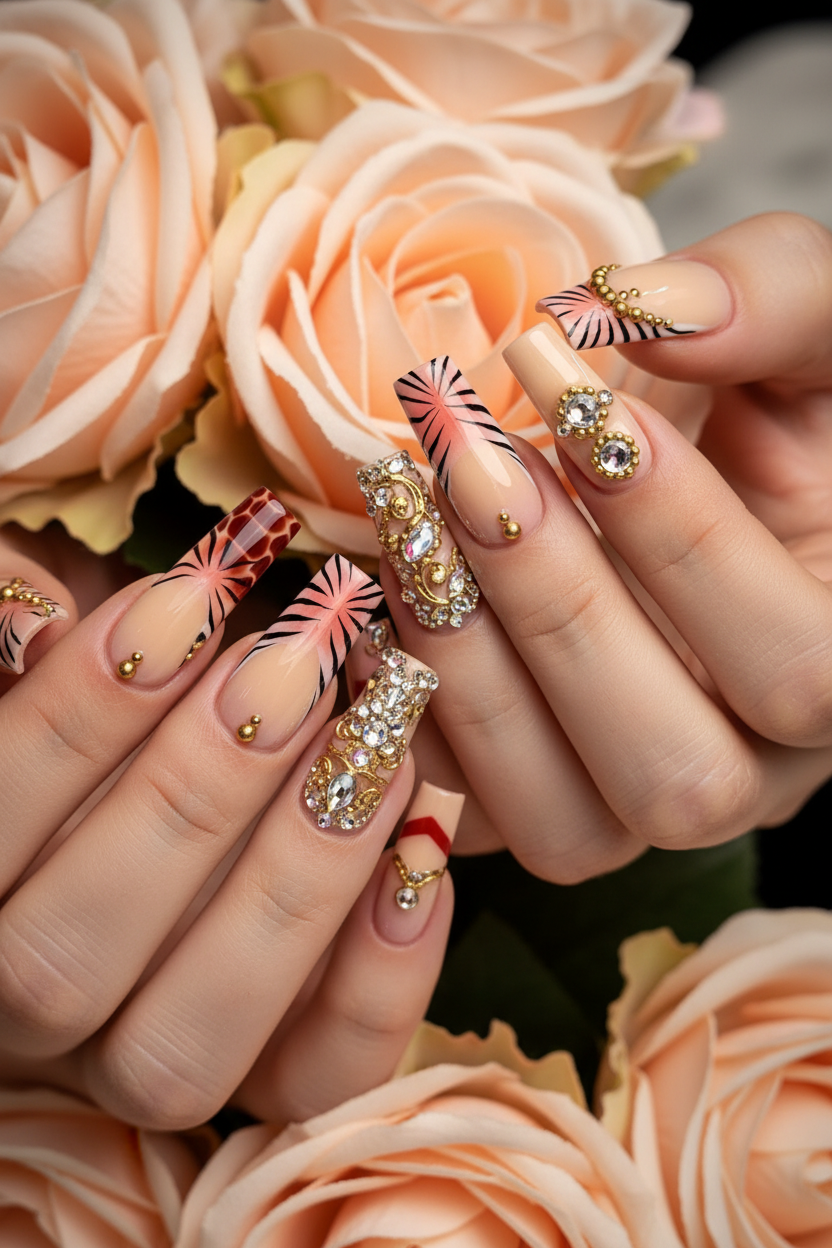 Fair-skin lifestyle nude peach zebra croc crystal rhinestone custom press-on nails holding peach roses — LuxepressCo