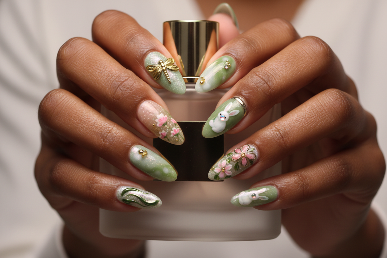 Dark-skin hands wearing sage green dragonfly floral botanical custom press-on nails holding perfume — LuxepressCo