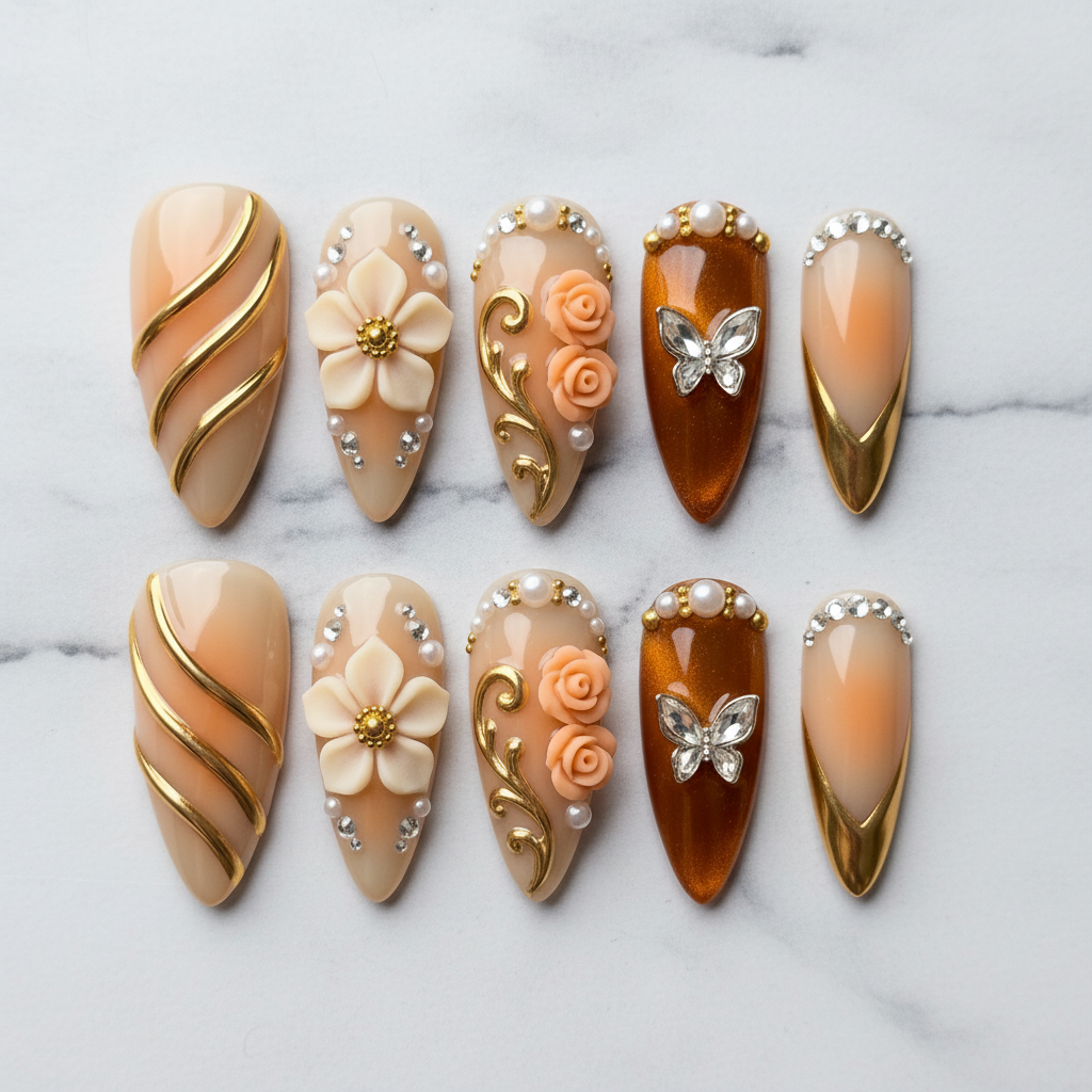 Flat lay top-down full set 10 gold baroque floral butterfly custom press-on nails white marble — LuxepressCo