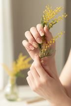 Jelly nude blush pink 3D flower custom press-on nails lifestyle light skin holding flower — LuxepressCo