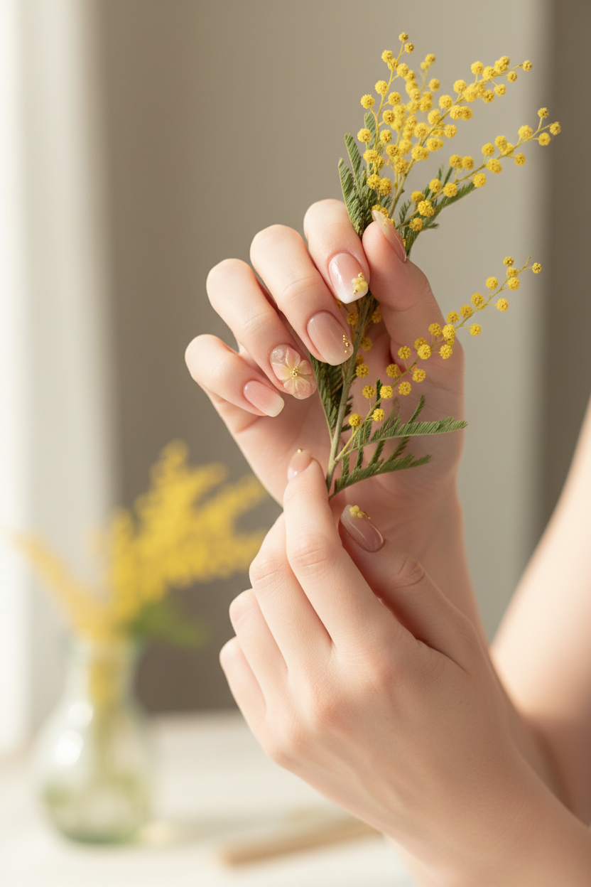 Jelly nude blush pink 3D flower custom press-on nails lifestyle light skin holding flower — LuxepressCo