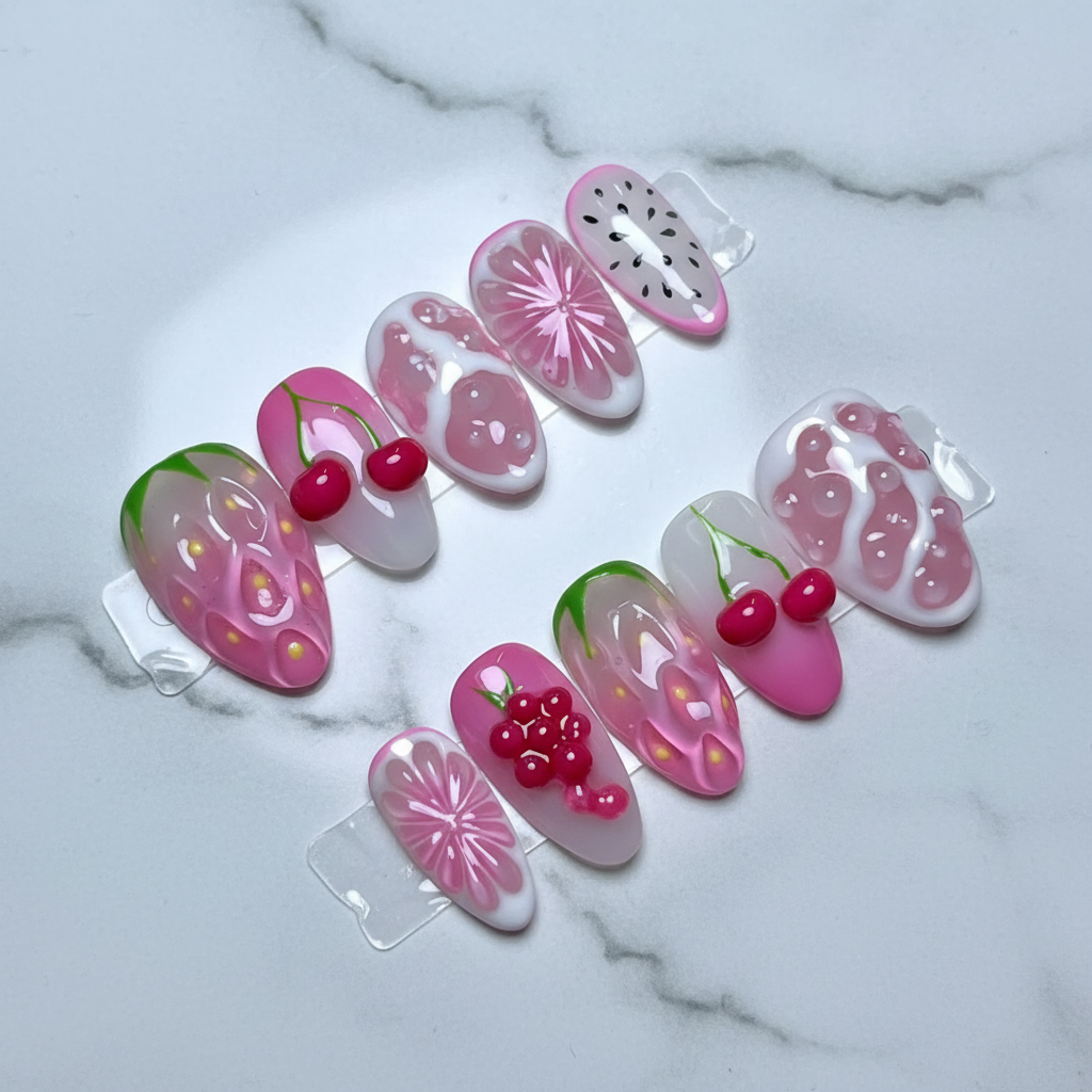 Full set 10 pink jelly fruit 3D grapefruit cherry watermelon custom press-on nails on marble — LuxepressCo