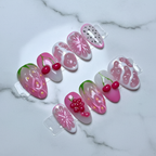 Full set 10 pink jelly fruit 3D grapefruit cherry watermelon custom press-on nails on marble — LuxepressCo