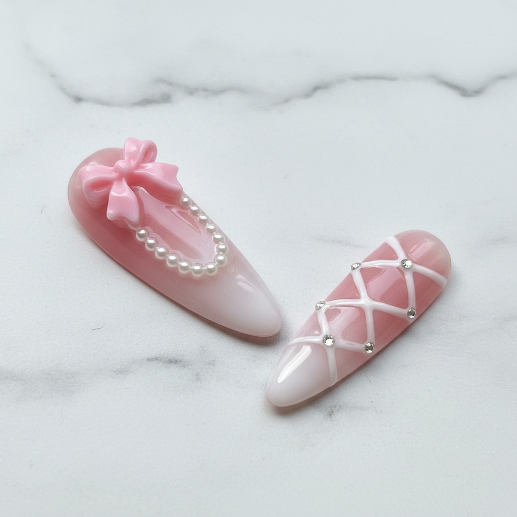 Pink bow pearl chain ballet lace cross-strap custom press-on nails macro marble — LuxepressCo