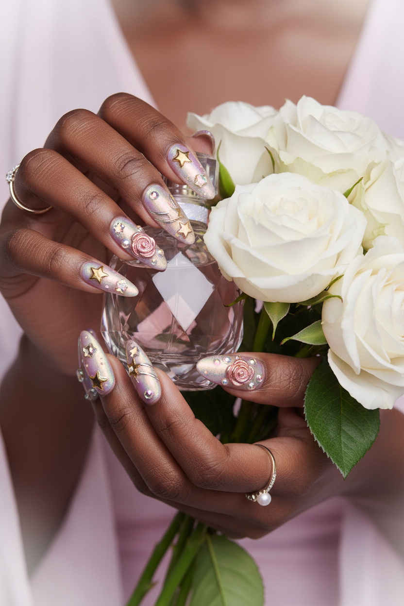 Dark skin lifestyle Y2K holographic maximalist custom press-on nails inclusive beauty — LuxepressCo