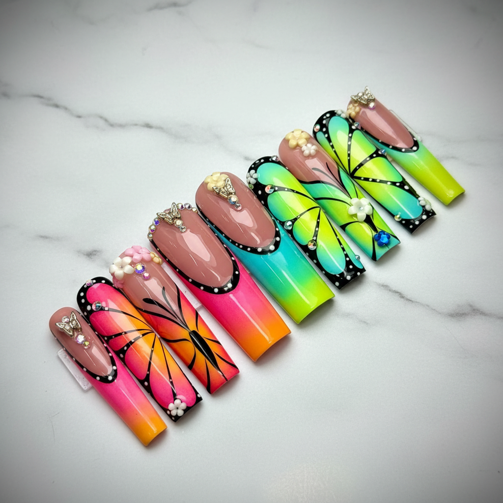 Butterfly wing teal lime pink orange ombre 3D flower gold charm custom press-on nails coffin full set on marble — LuxepressCo