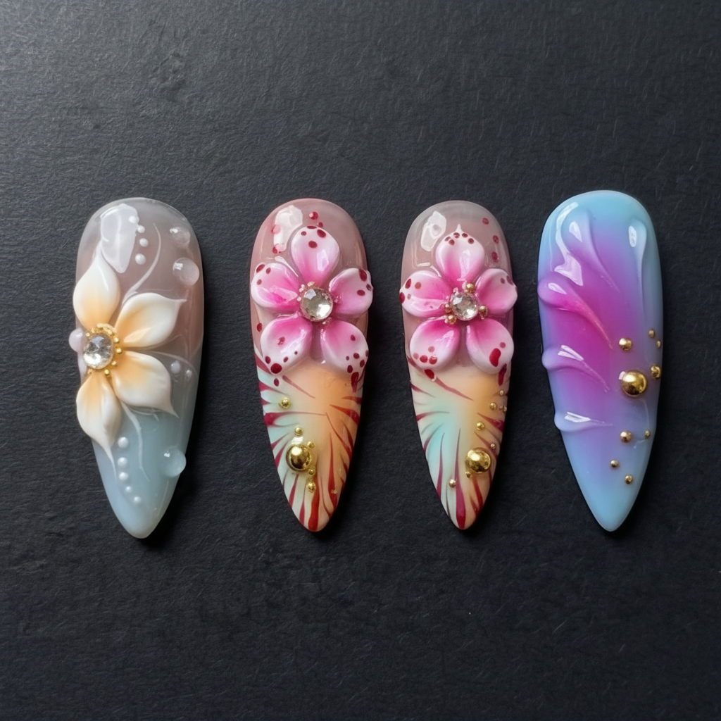 Macro close-up 3D floral custom press-on nails rhinestone crystal center pearl shimmer pastel pink blue — LuxepressCo