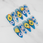 Full set 10 jelly blue wave 3D rubber duck pool float dome dot stiletto custom press-on nails on marble — LuxepressCo