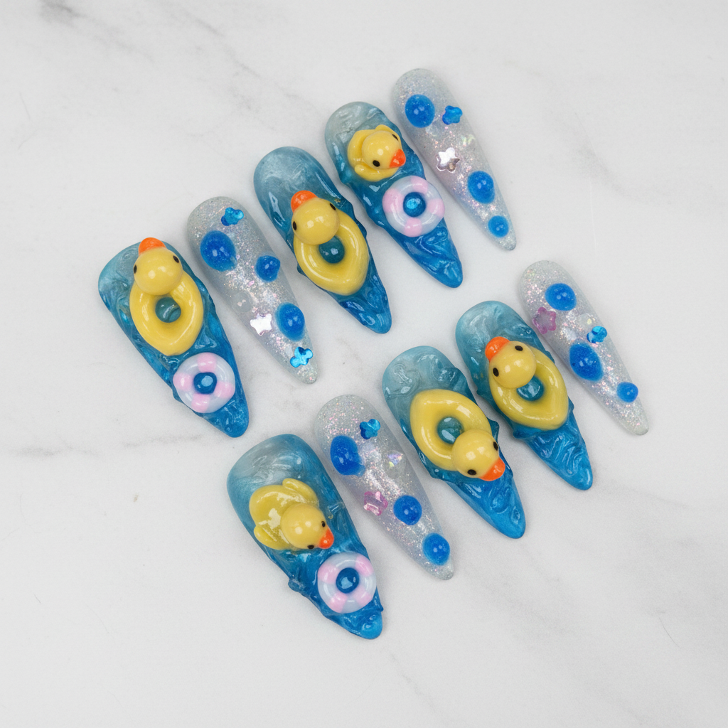 Full set 10 jelly blue wave 3D rubber duck pool float dome dot stiletto custom press-on nails on marble — LuxepressCo