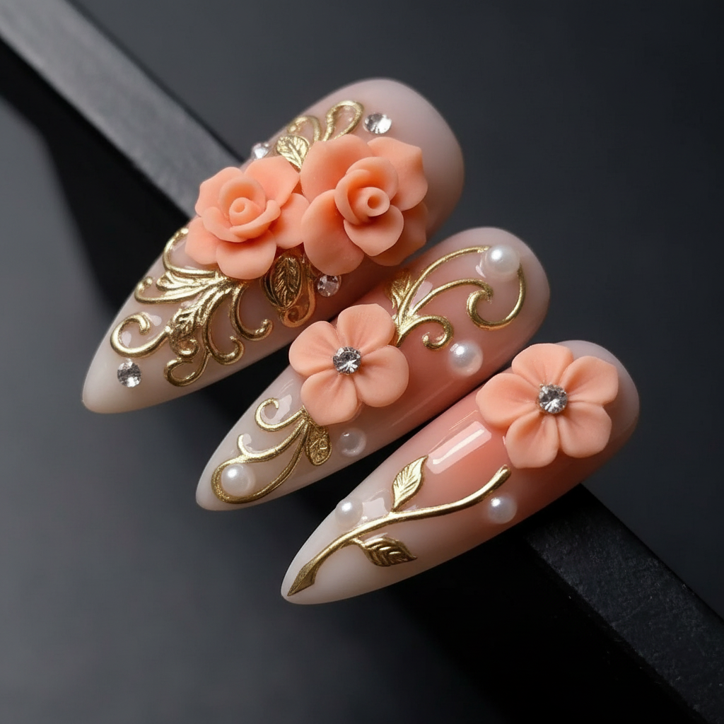 Close-up macro 3D peach coral rose gold filigree vine pearl bead rhinestone custom press-on nails dramatic — LuxepressCo