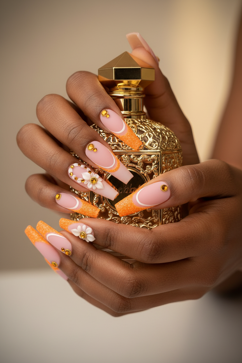 Dark-skin lifestyle matte pink orange glitter 3D flower custom press-on nails holding gold perfume — LuxepressCo
