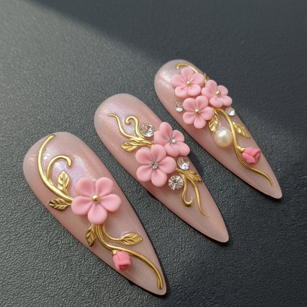 Macro close-up 3D pink clay flower rhinestone pearl custom press-on nails dark background — LuxepressCo