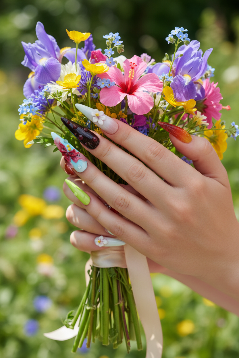 Light-skin hands holding wildflowers wearing vivid multicolor 3D botanical butterfly custom press-on nails — LuxepressCo