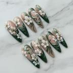 Hero full set 10 almond sheer nude emerald chrome vine 3D white jasmine custom press-on nails white marble — LuxepressCo
