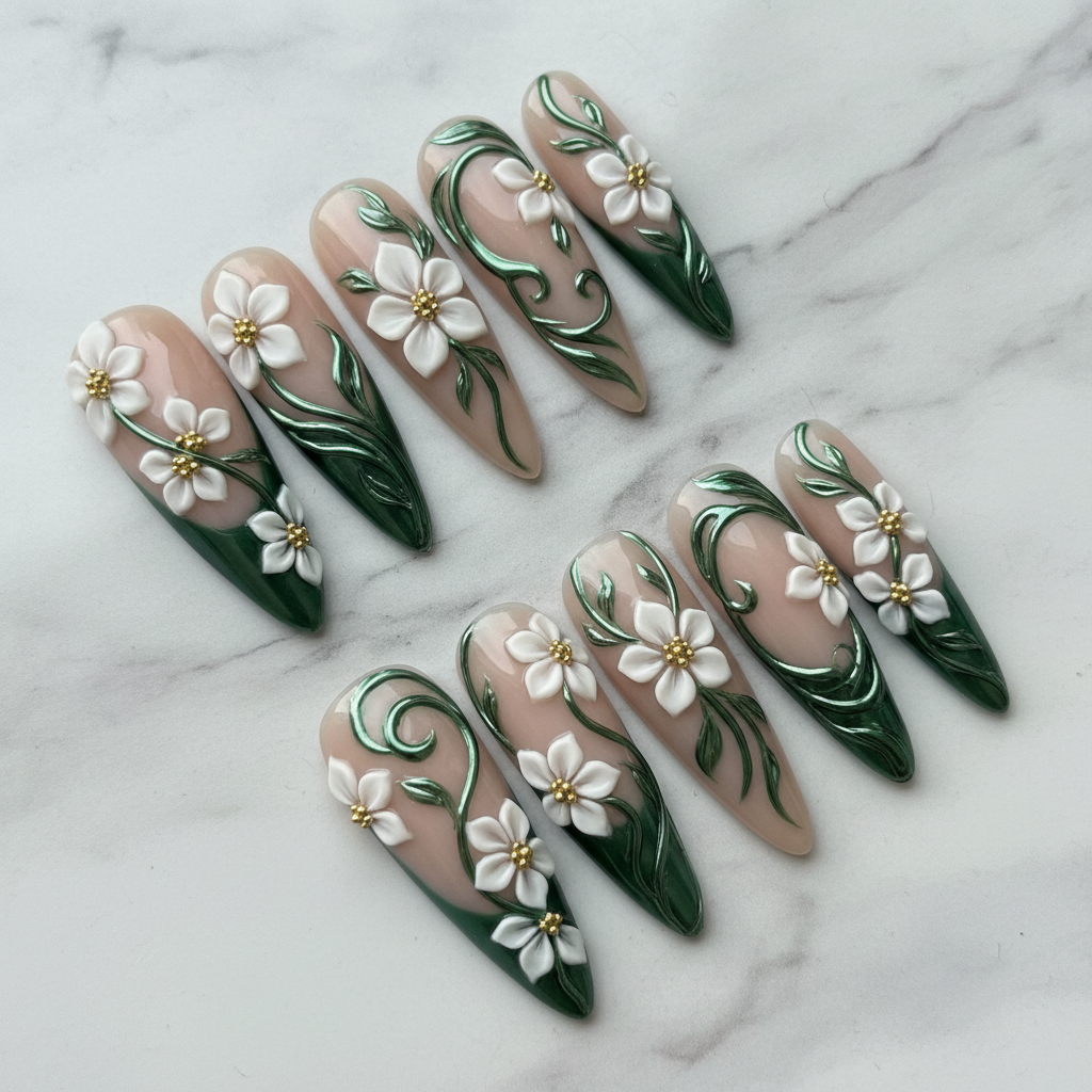 Hero full set 10 almond sheer nude emerald chrome vine 3D white jasmine custom press-on nails white marble — LuxepressCo