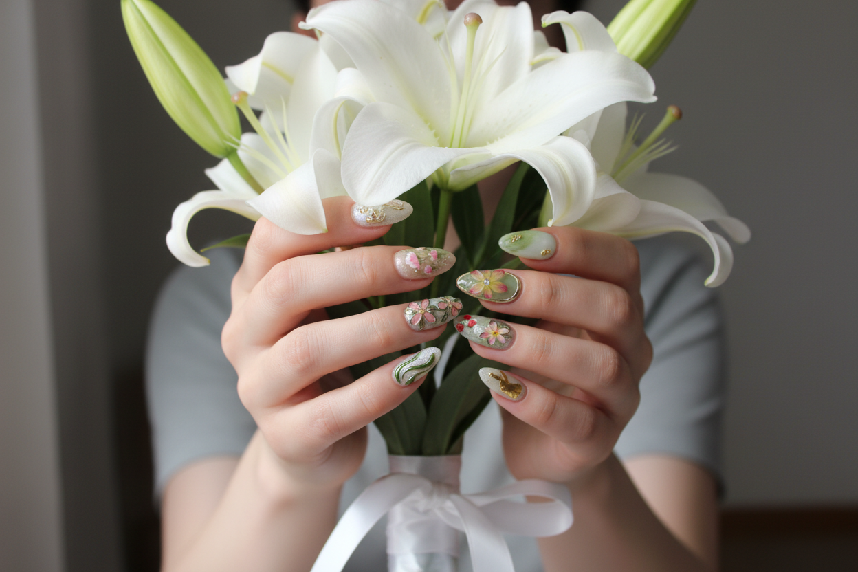 Fair-skin hands wearing sage green aurora dragonfly floral gold botanical custom press-on nails holding white lilies — LuxepressCo