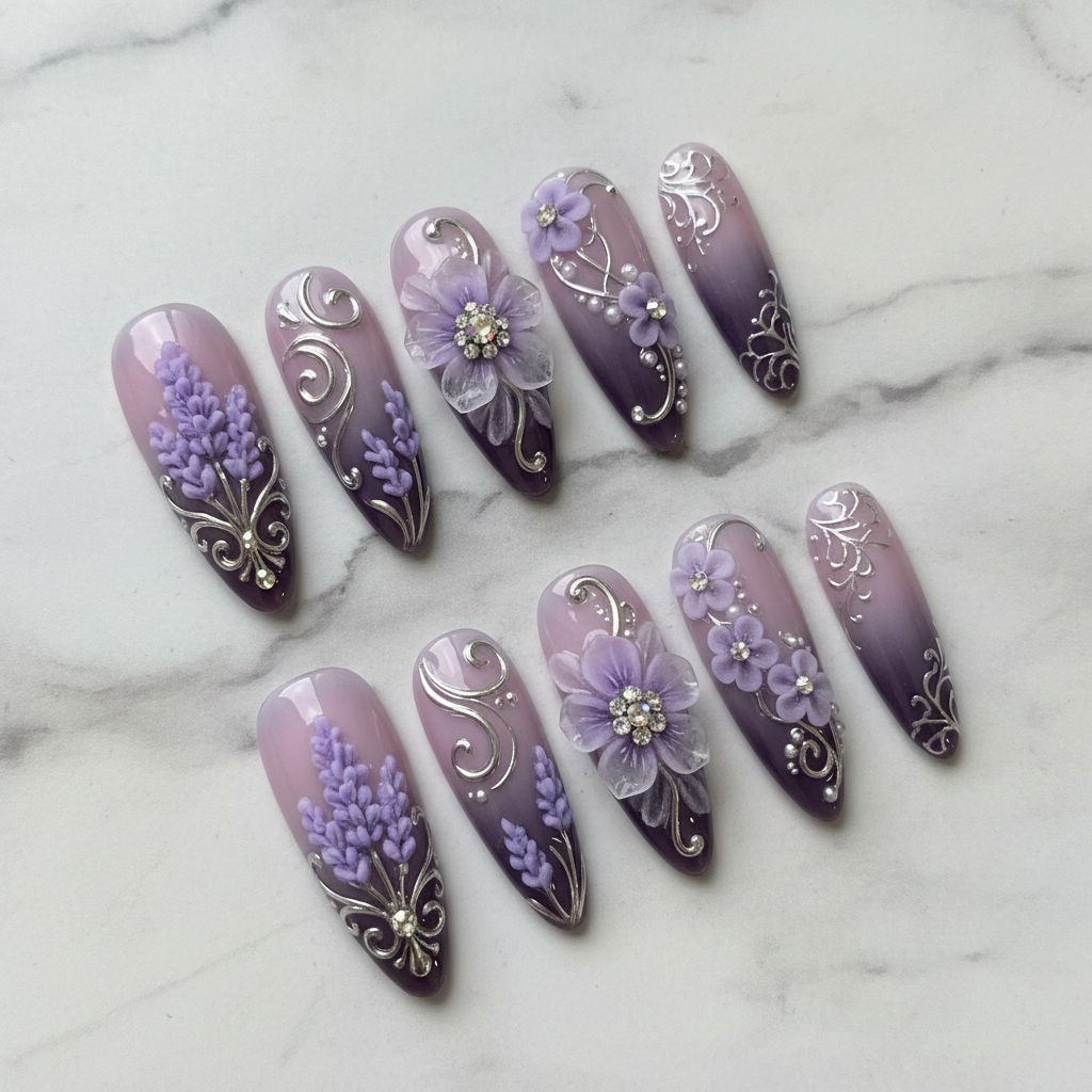 Full set 10 purple lavender 3D floral press-on nails on white marble background studio lighting custom press-on nails — LuxepressCo